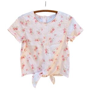 Shabby Chic Pink Floral Linen Top with Ties, Countrycore Style XS, Cottagecore